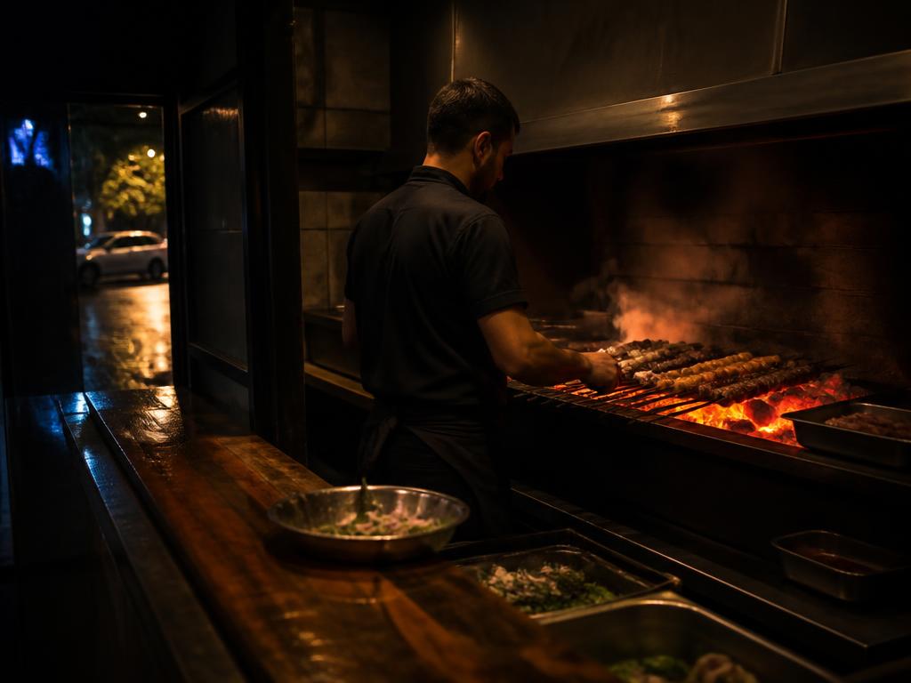 Chef turning skewers over charcoal behind the counter at Baba's Grill